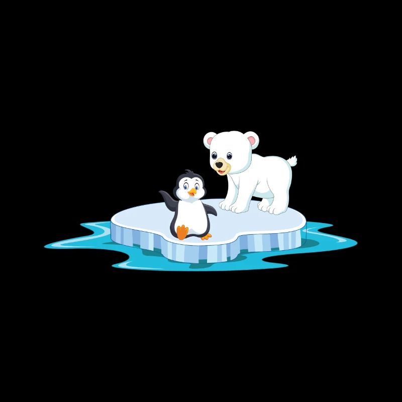 cute polar bear and penguin on ice floe ice