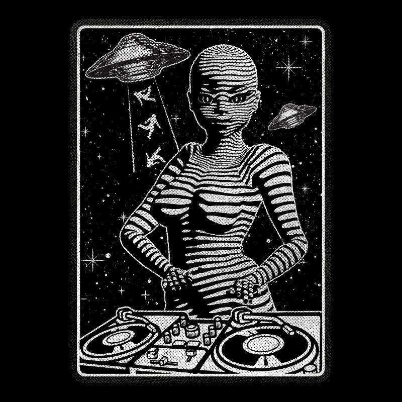 GALACTIC DJ devant une table de mixage pour les mélomanes.