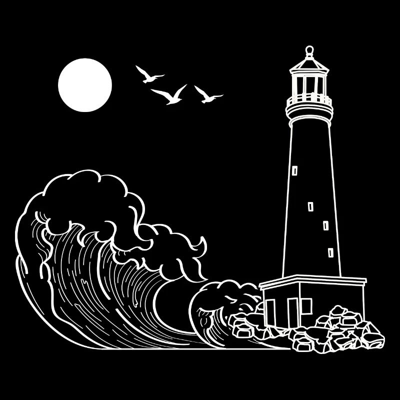 Seagulls Waves Ocean Gift Full Moon Lighthouse