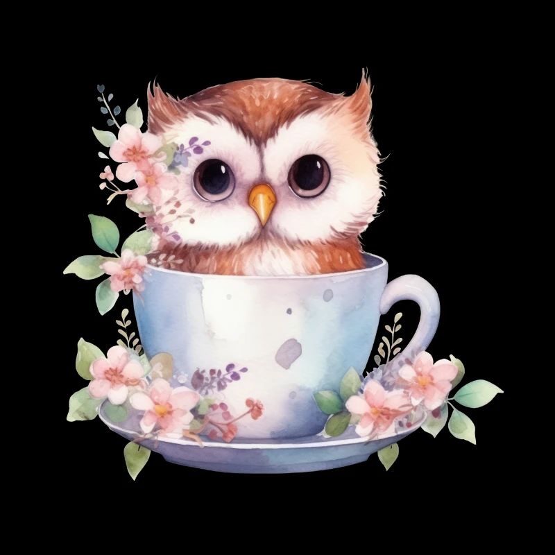 Niedliche Baby-Eule mit Blumen in einer Tasse