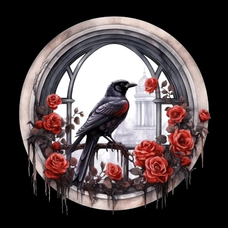 Gothic Raven Crow Mystical Roses Window