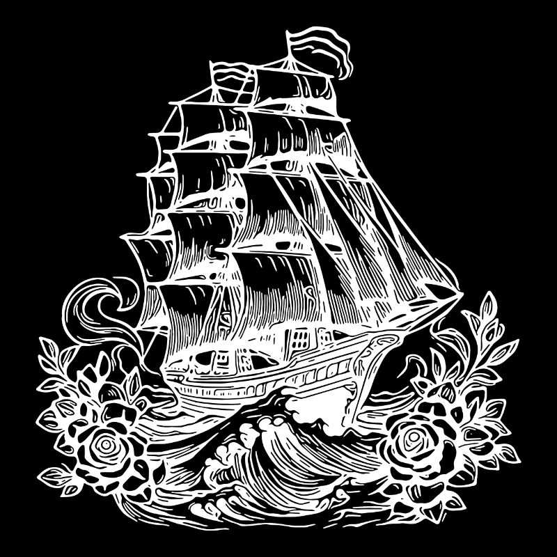 Old sailing ship with flowers, masts under sail