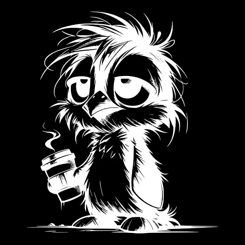 Pingouin fatigué ébouriffé avec tasse à café