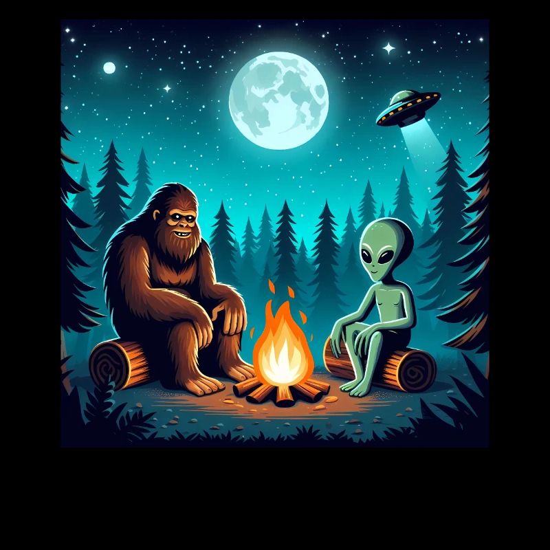 Bigfoot with alien at the campfire