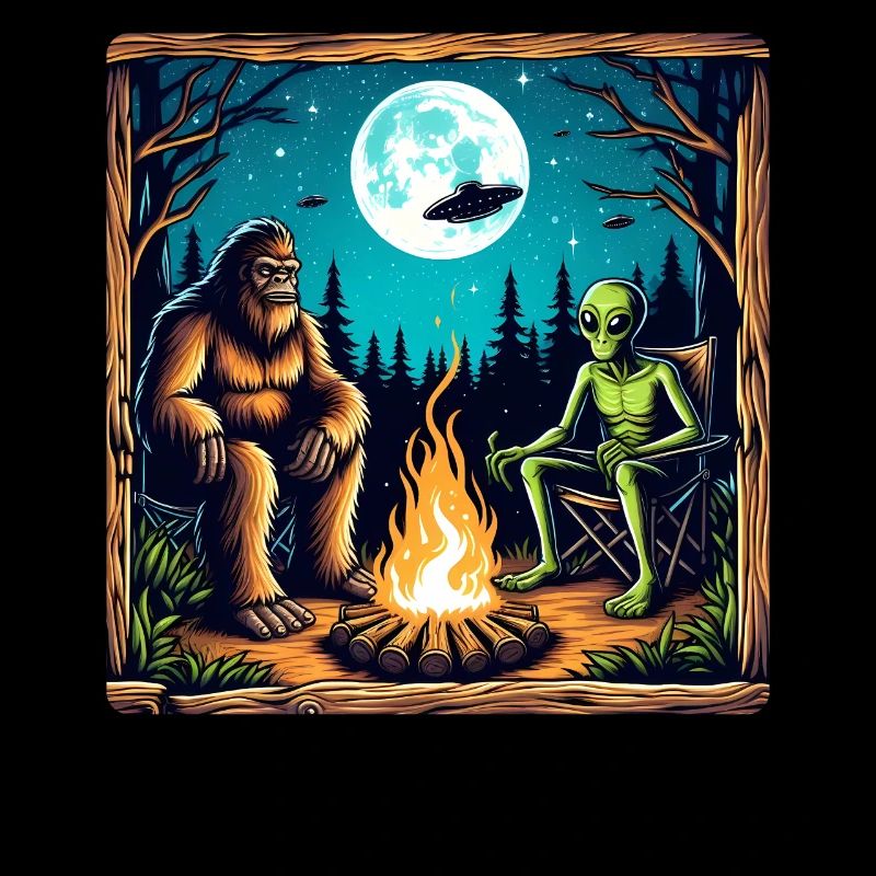 Bigfoot with alien at the campfire