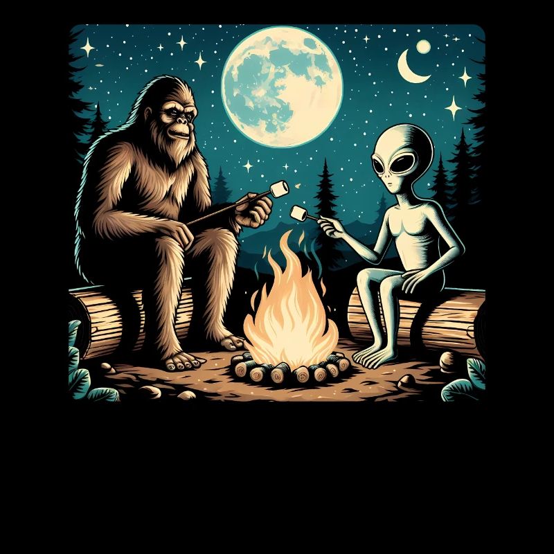 Bigfoot with alien at the campfire