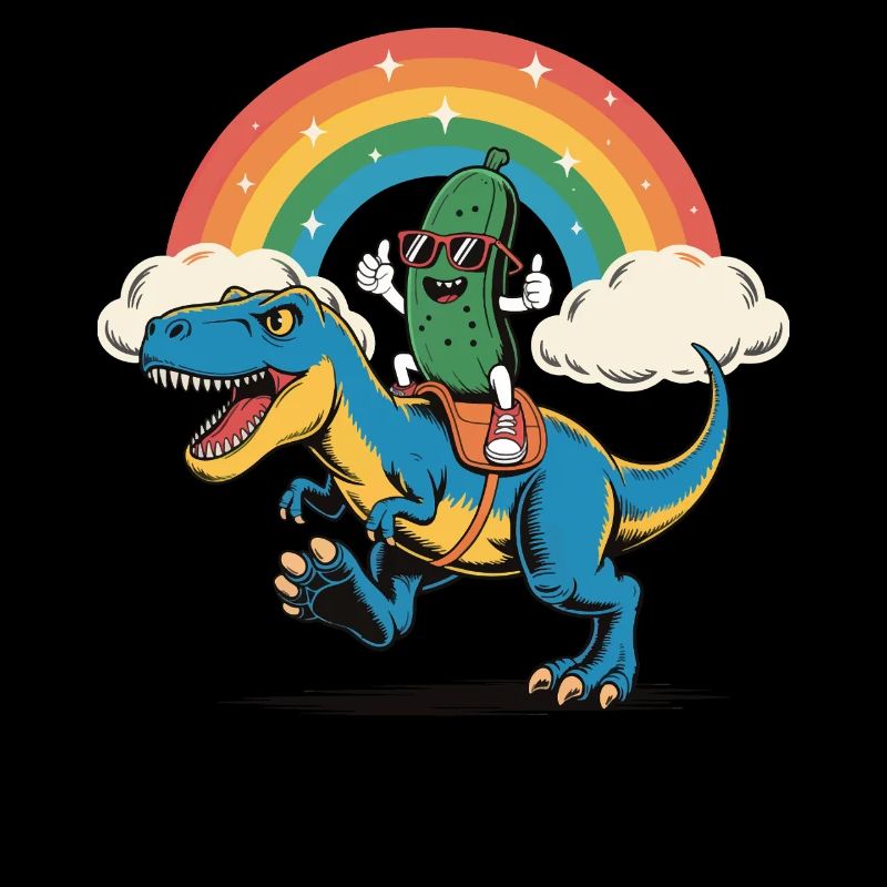 Gurke Gurke reitet einen Dinosaurier Regenbogen Karikatur