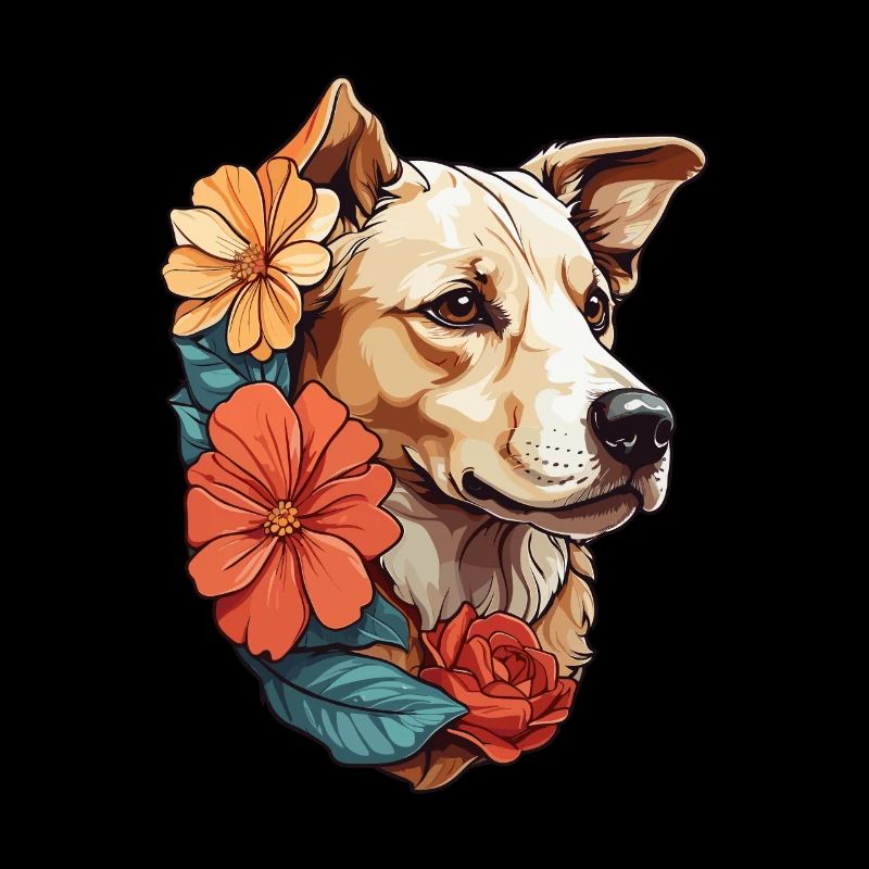 Hund mit bunten Blumen