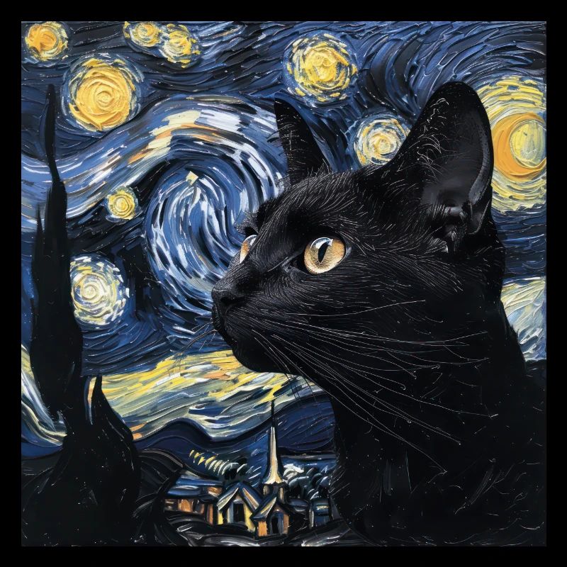 schwarze katze, katzen, van gogh, sternennacht