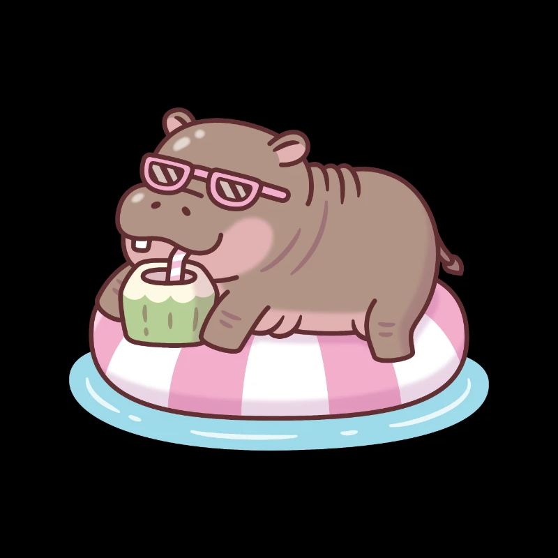 Cute Hippo Chilling On Pool Float Drinking Coconut