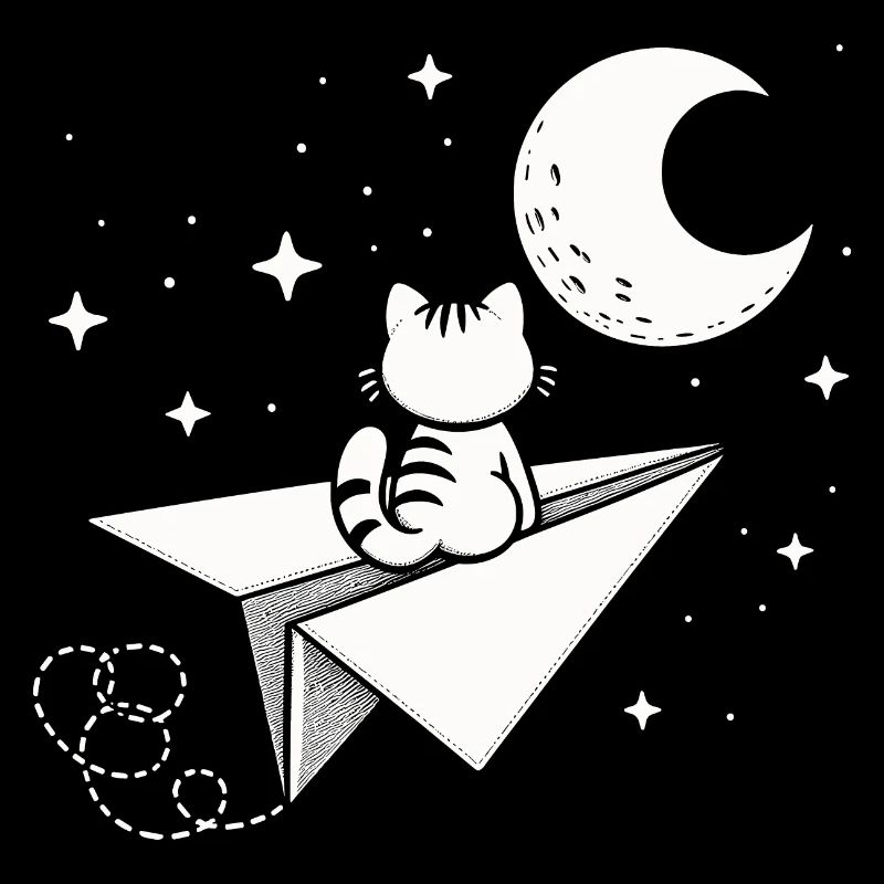 Chat Papier Avion Lune Envole-moi vers la lune Étoiles