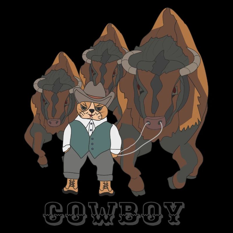 Chat Cowboy avec des taureaux