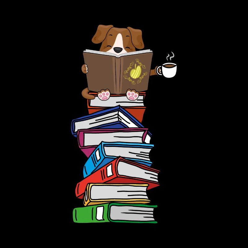 Hund liest Bücher mit Kaffee