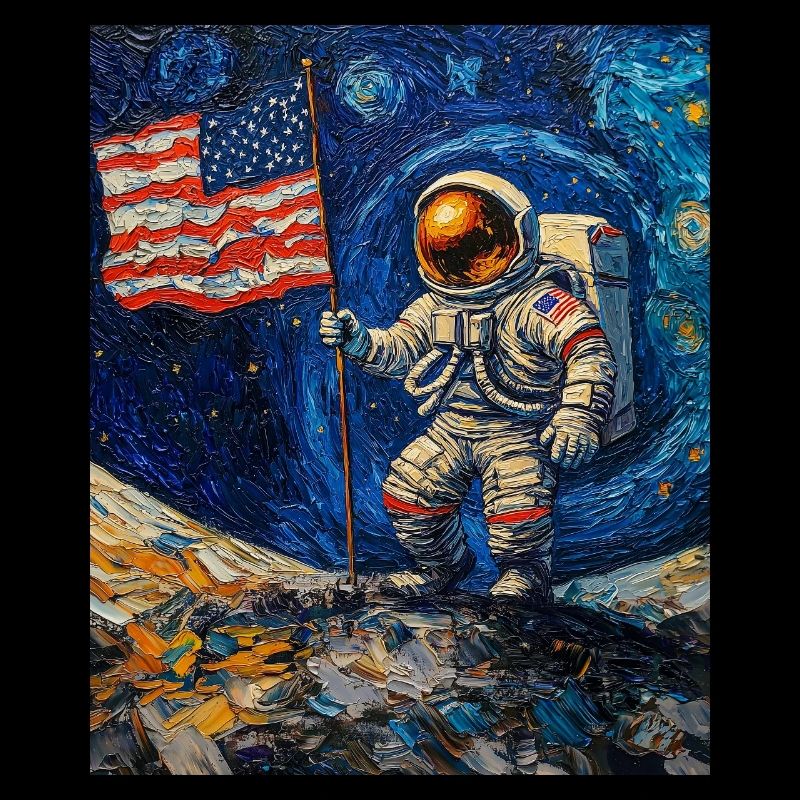 astronaut on moon with us flag