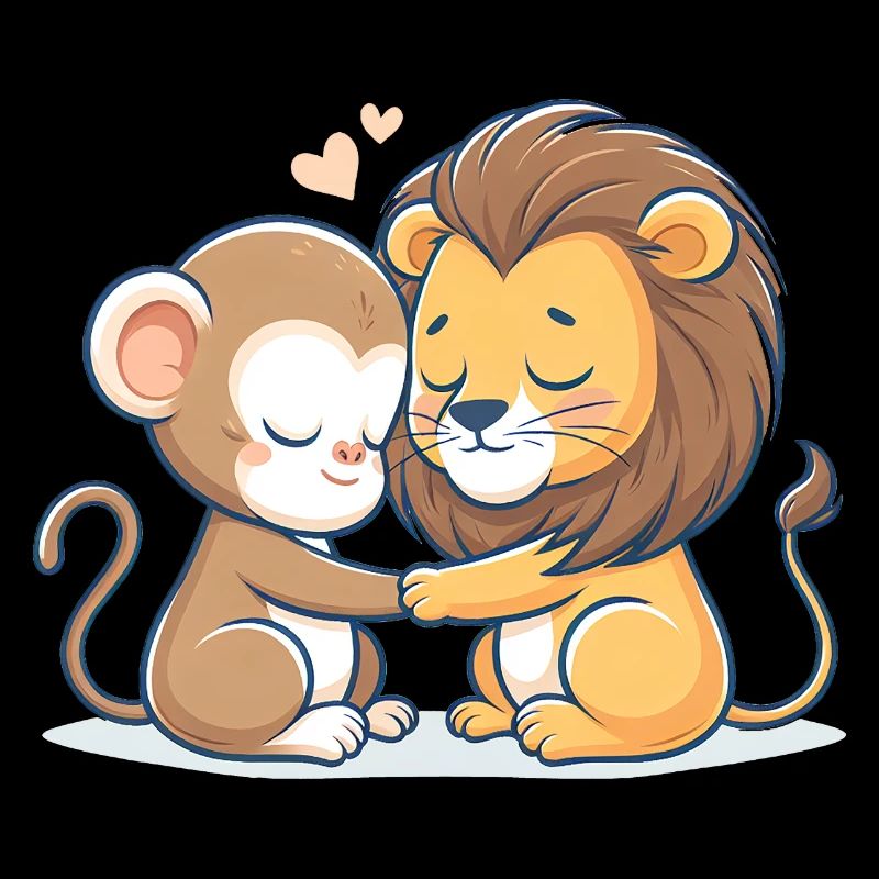 Cuddling Monkey And Lion In Love
