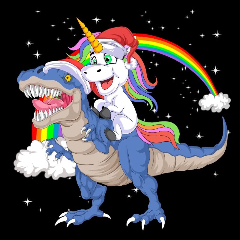 Weihnachtsmann Einhorn reitet Dinosaurier Trex Weihnachten