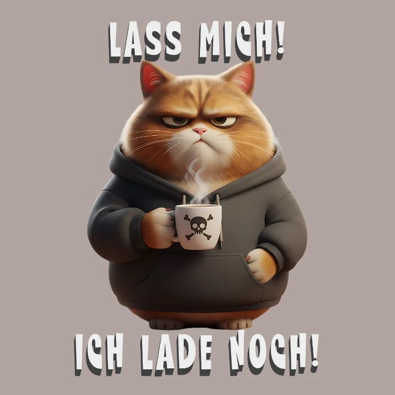 Lass mich! Ich lade noch – Müde Katze mit Kaffee