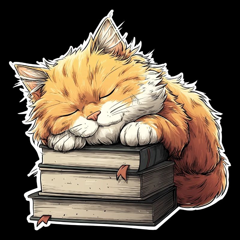 Chat mignon dormant sur une pile de livres