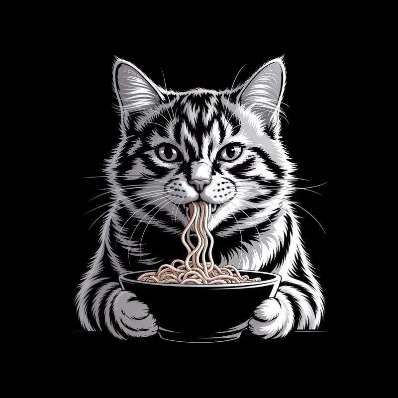 Le chat mange des ramen
