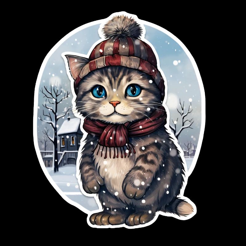 Chat avec chapeau et écharpe dans la neige