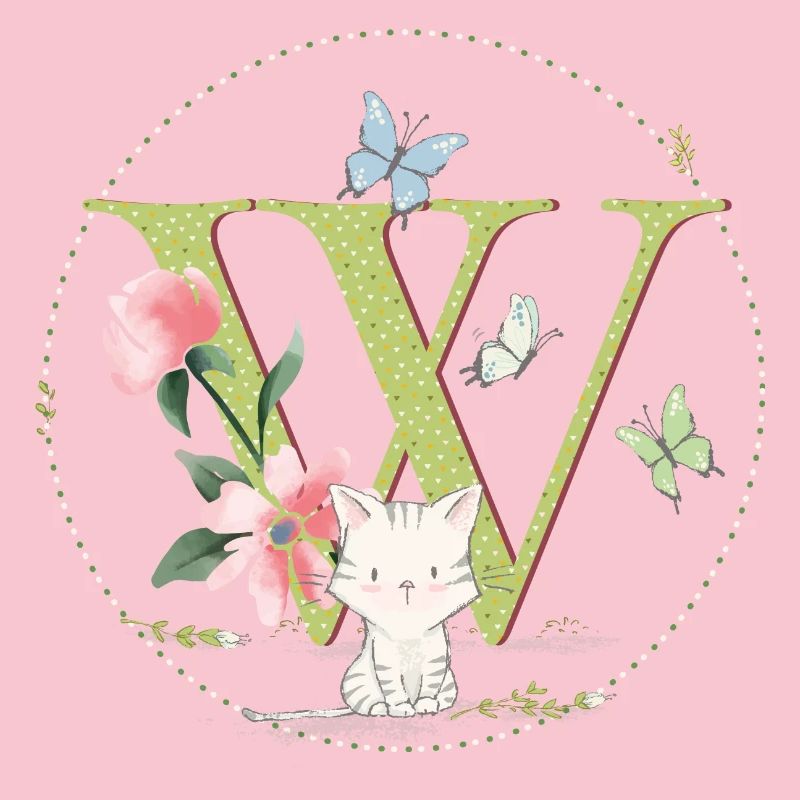 Initial letter W with cat