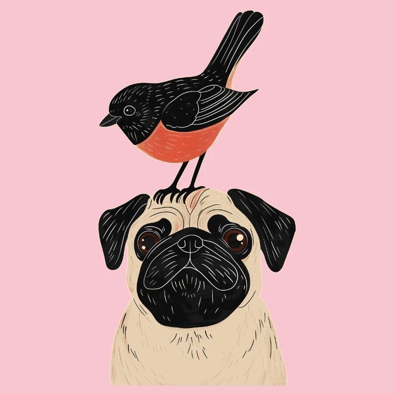 Mops mit Vogel
