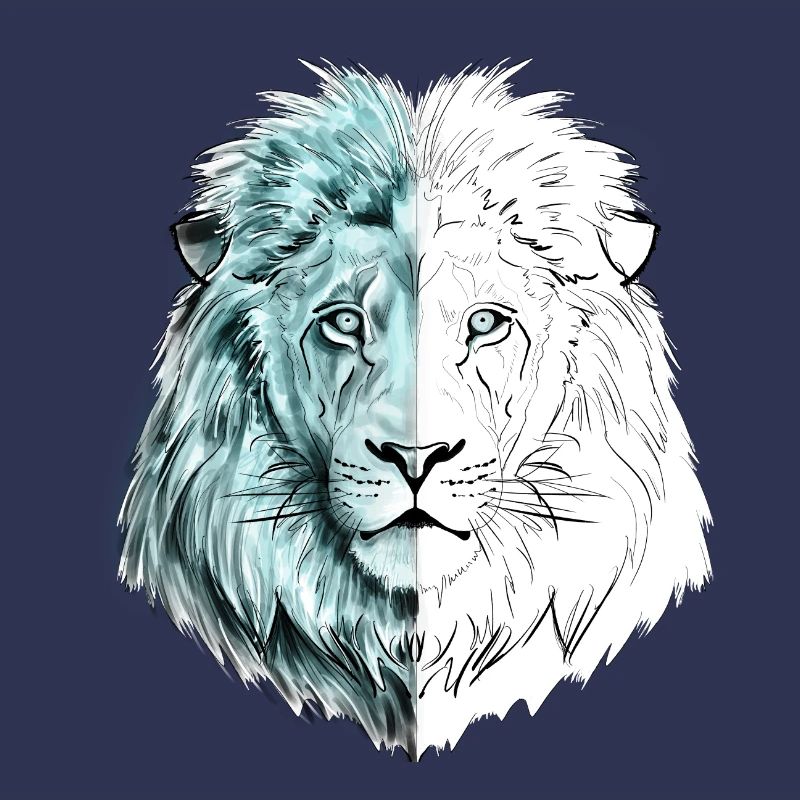 A drawn pretty lion in blue and white