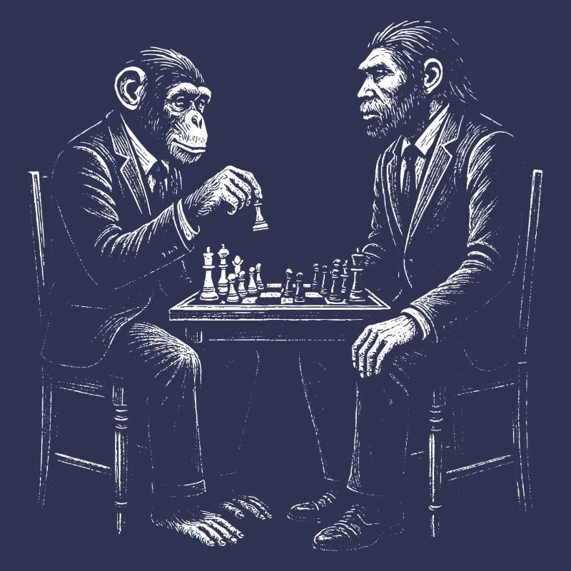 monkey plays chess with homo erectus. Funny design