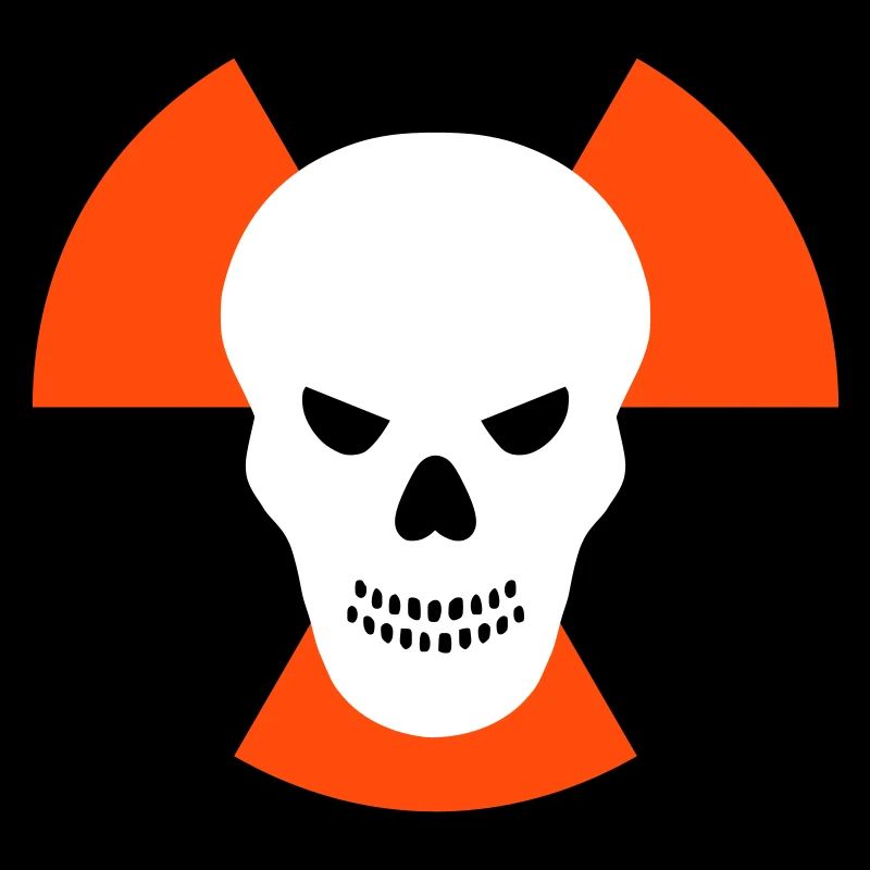 Schädel mit bösem Blick vor Strahlenwarnzeichen