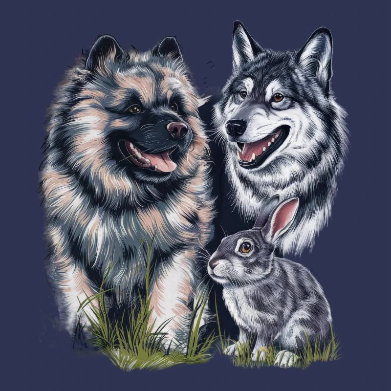 Wolfspitz with wolf and hare