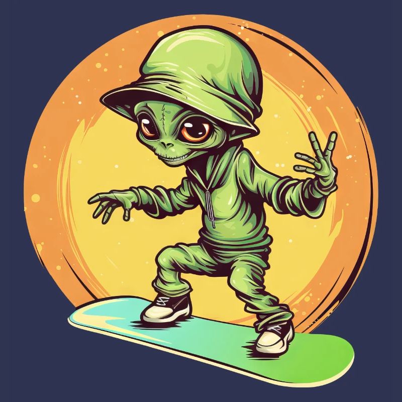 Alien on the space skateboard at sunset