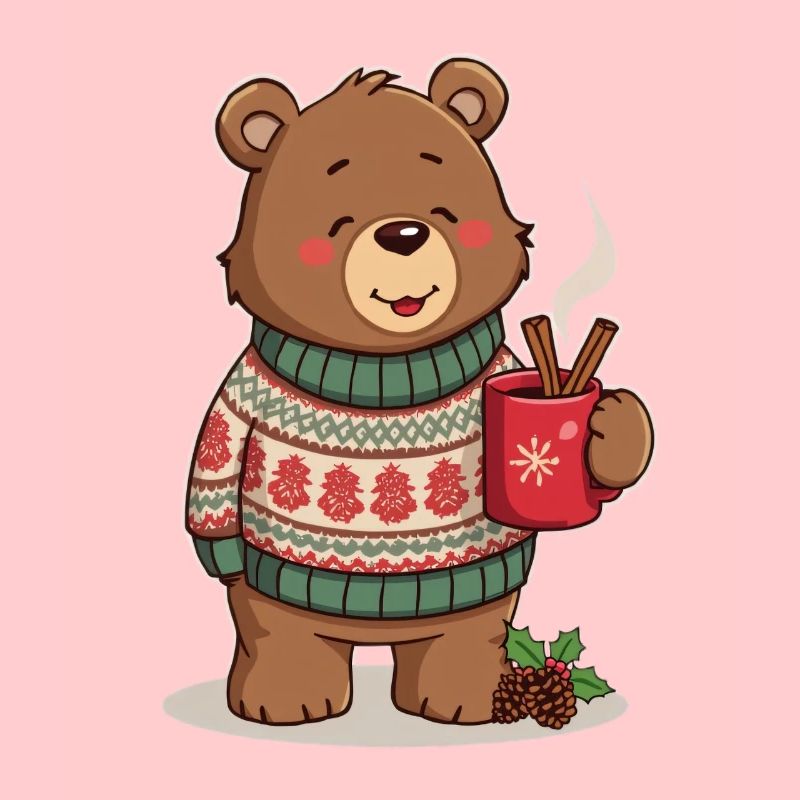 Winter bear with tea and cinnamon sticks