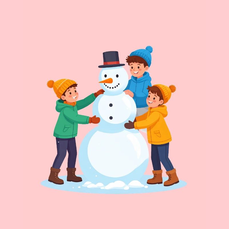 Fröhliche Kinder bauen einen Schneemann