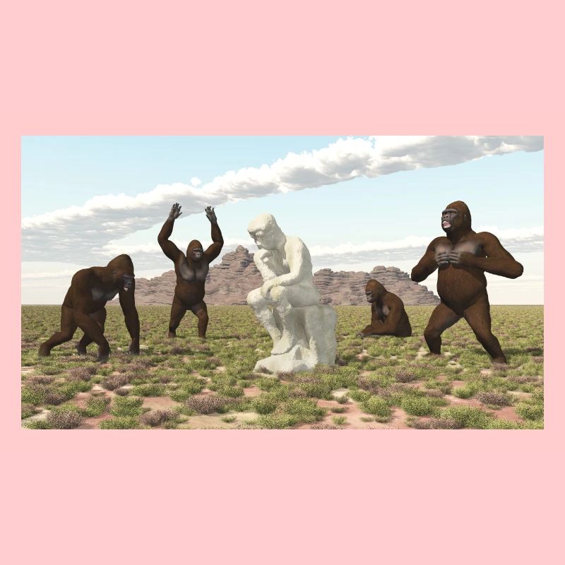 Gorilles avec sculpture de penseur