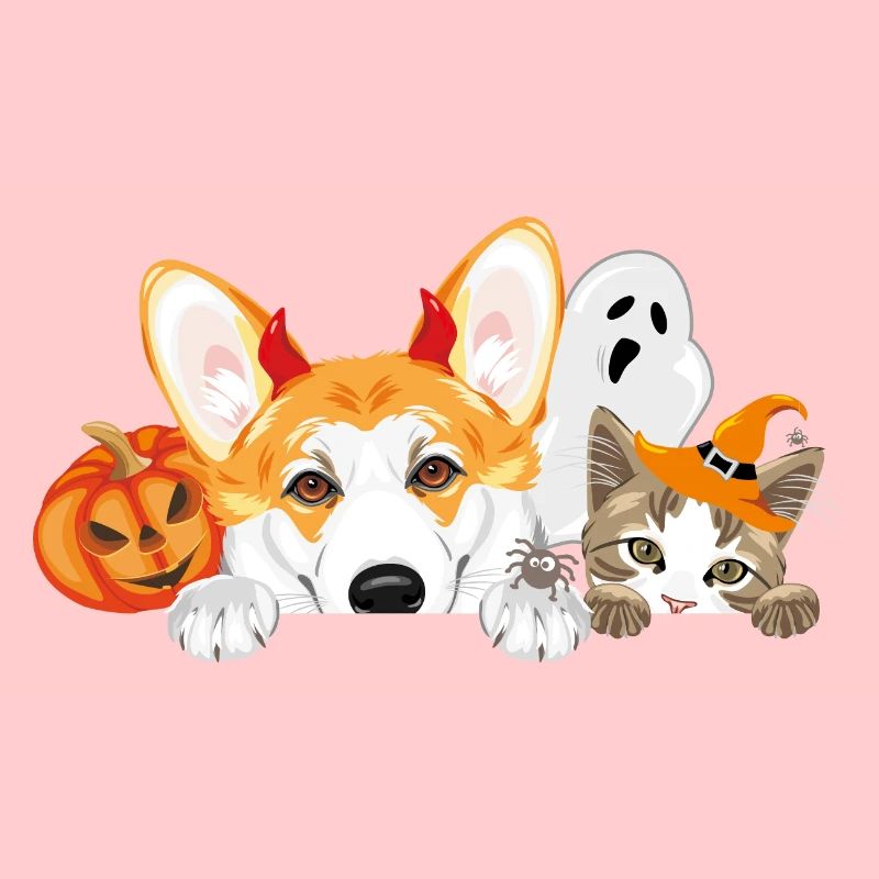 Spähender Corgi und Katze mit Halloween-Accessoires