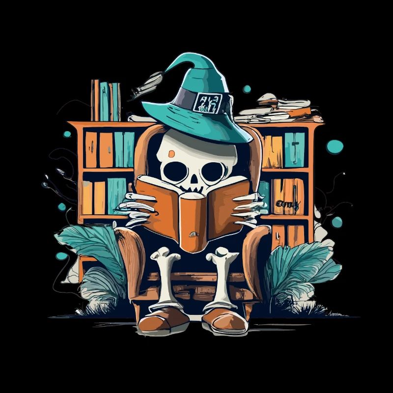 halloween skeleton reading a book