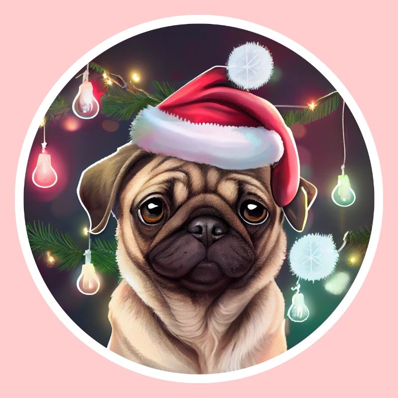 Mops mit weihnachtsmütze und lichterkette
