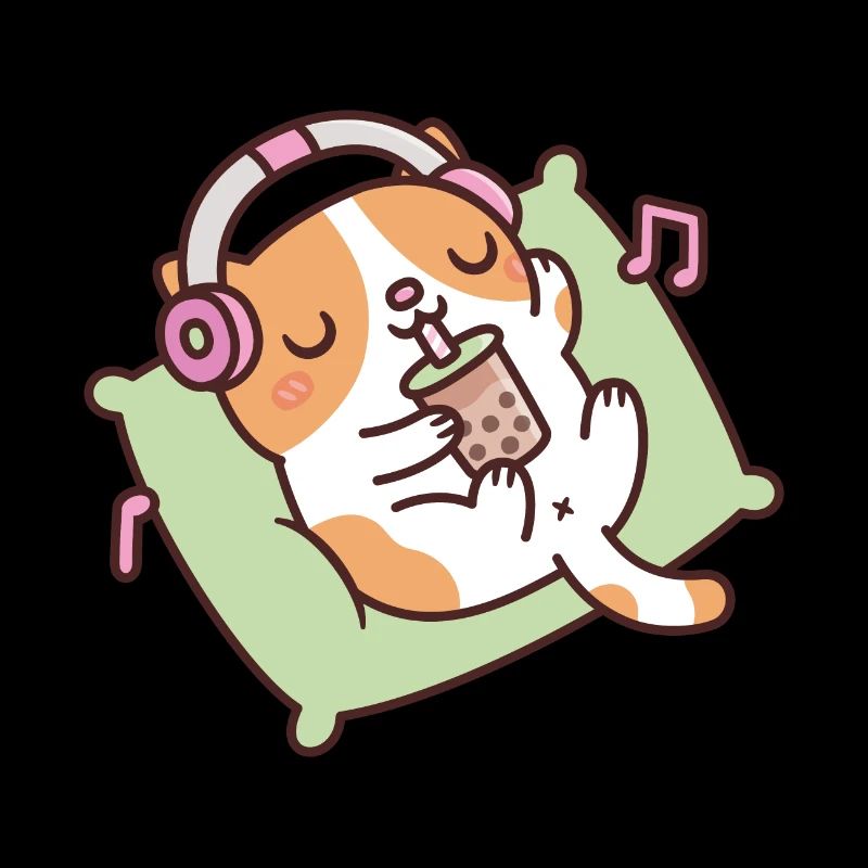 Cute Cat Chilling With Music And Bubble Tea