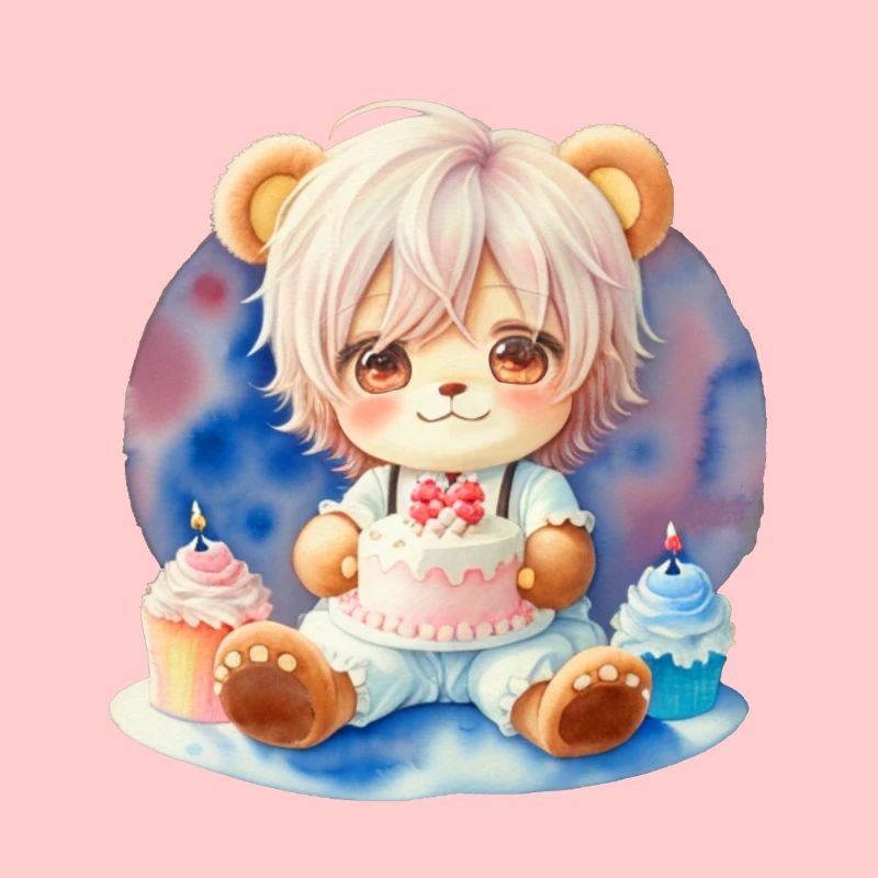 Chibi Teddybär Junge mit Kuchen