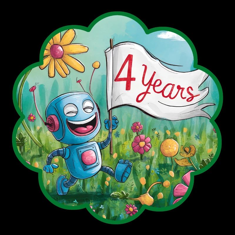 4 ans, 4e anniversaire robot sur prairie fleurie