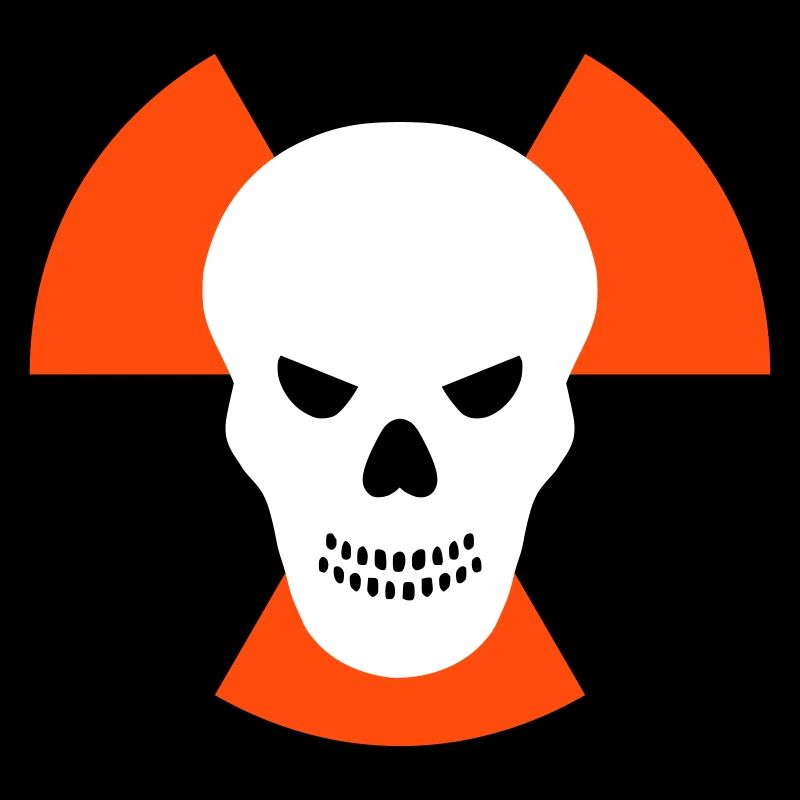 Schädel mit bösem Blick vor Strahlenwarnzeichen