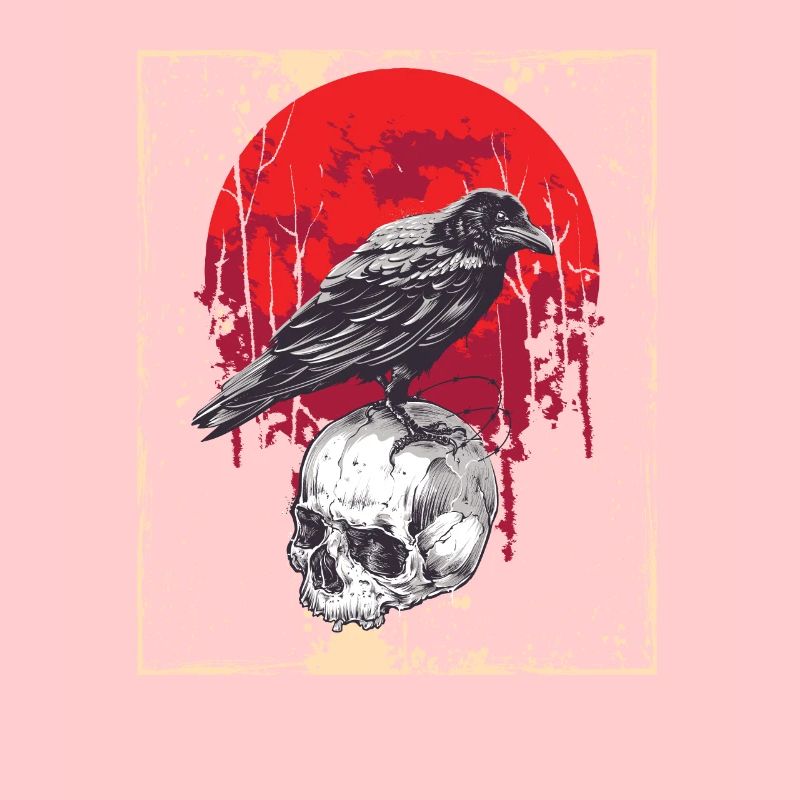 Gotischer Schädel-roter Mond-schwarze Krähe