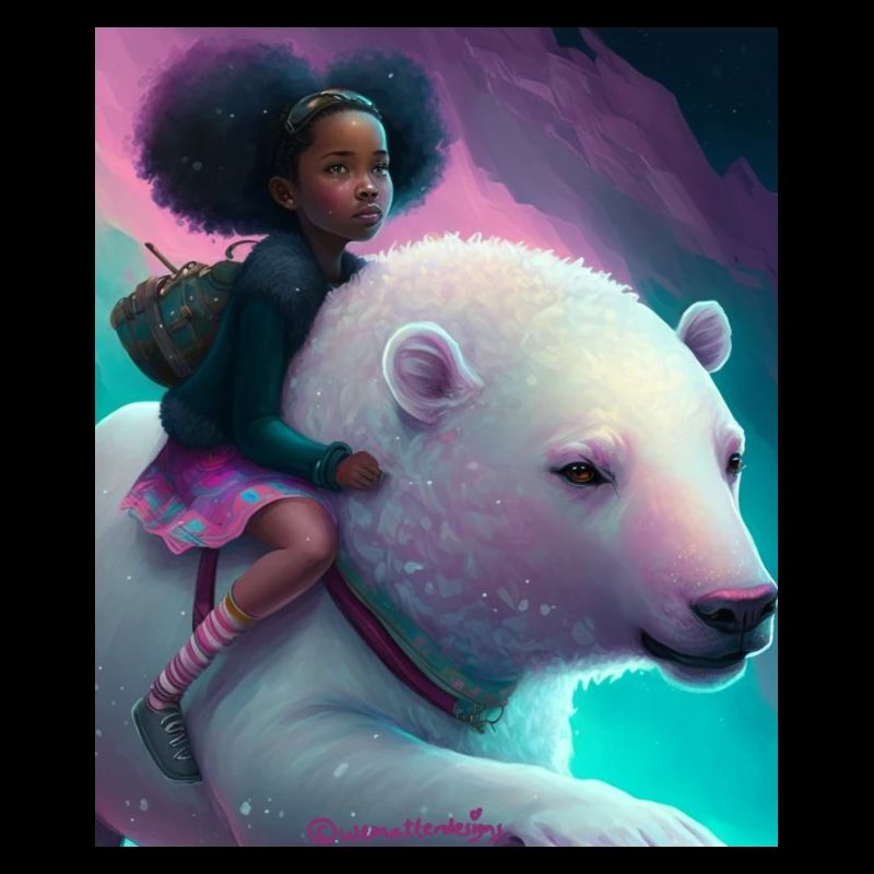 Schwarzes Mädchen reitet auf Eisbär