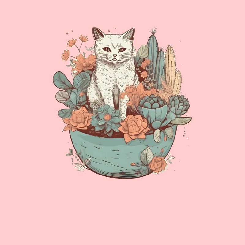 Chat dessiné dans un pot de fleurs