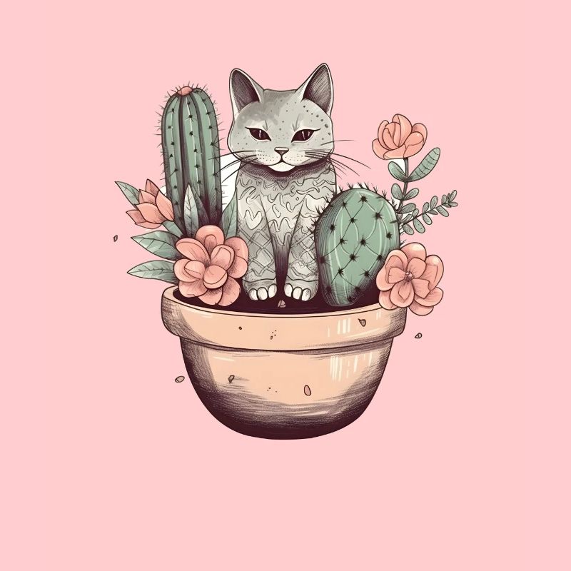 Chat en pot de fleurs avec cactus et fleurs