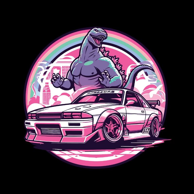 Auto im japanischen Stil hinter Monster und Regenbogen, JDM