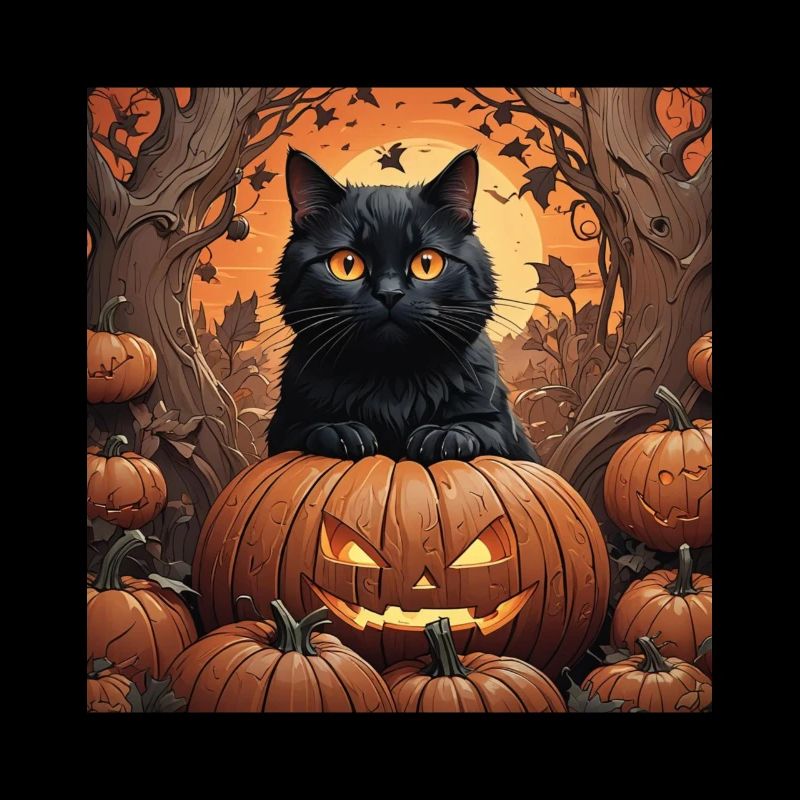 Halloween Schwarze Katze mit Kürbislaterne Herbst