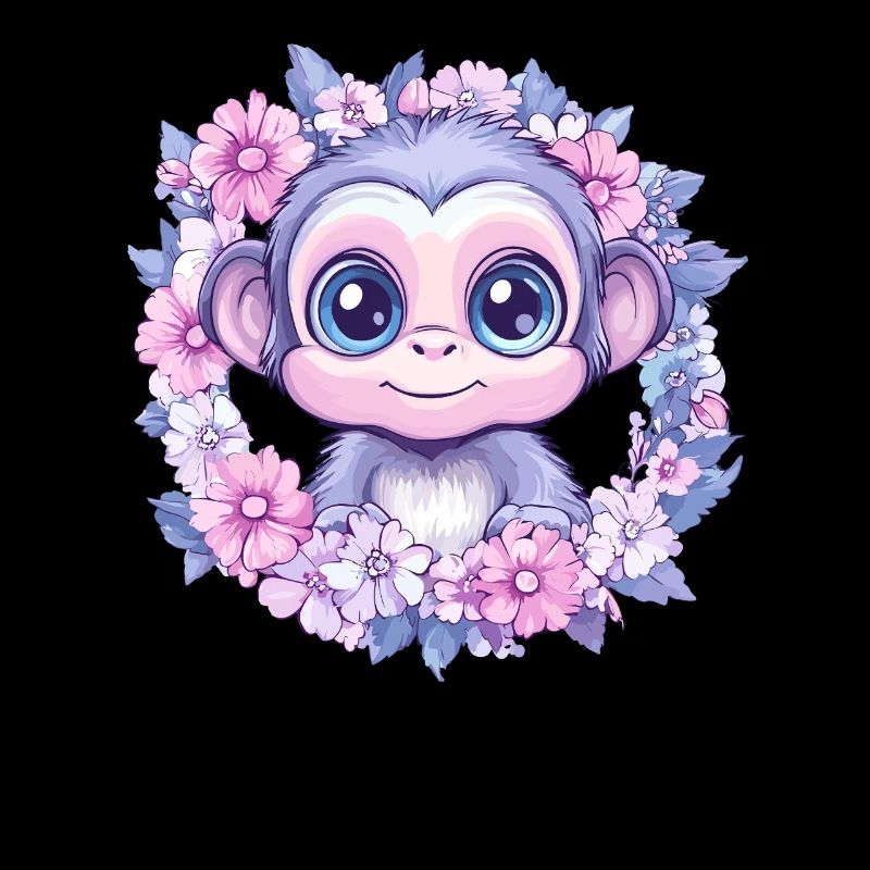 Mignon bébé singe dans une couronne de fleurs