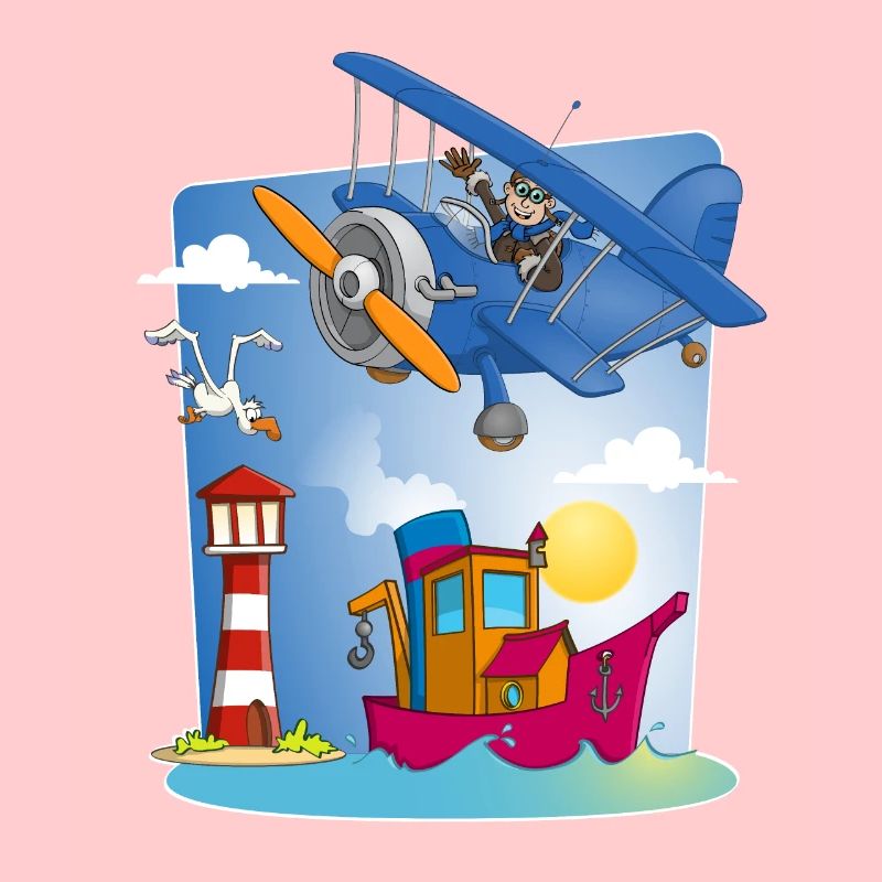 Sonne, Meer, Flugzeug, Boot, Leuchtturm und Möwe