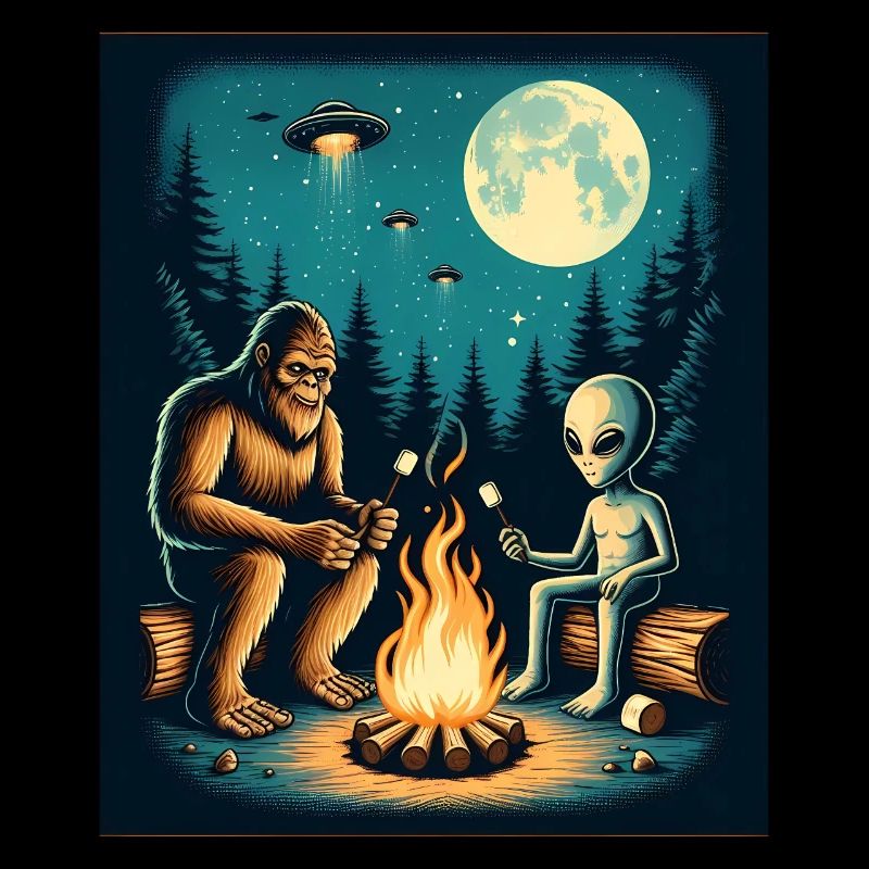 Bigfoot with alien at the campfire